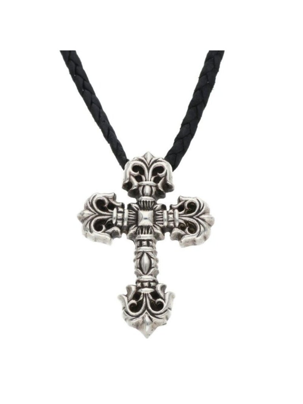 Chrome Hearts Filig Cross Xsm LB Filigree XS Leather Braid Silver Necklace